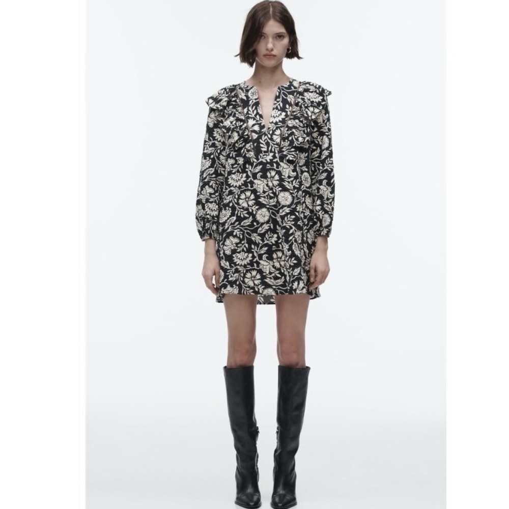 Zara Floral Print Ruffled V Neck Mini Dress